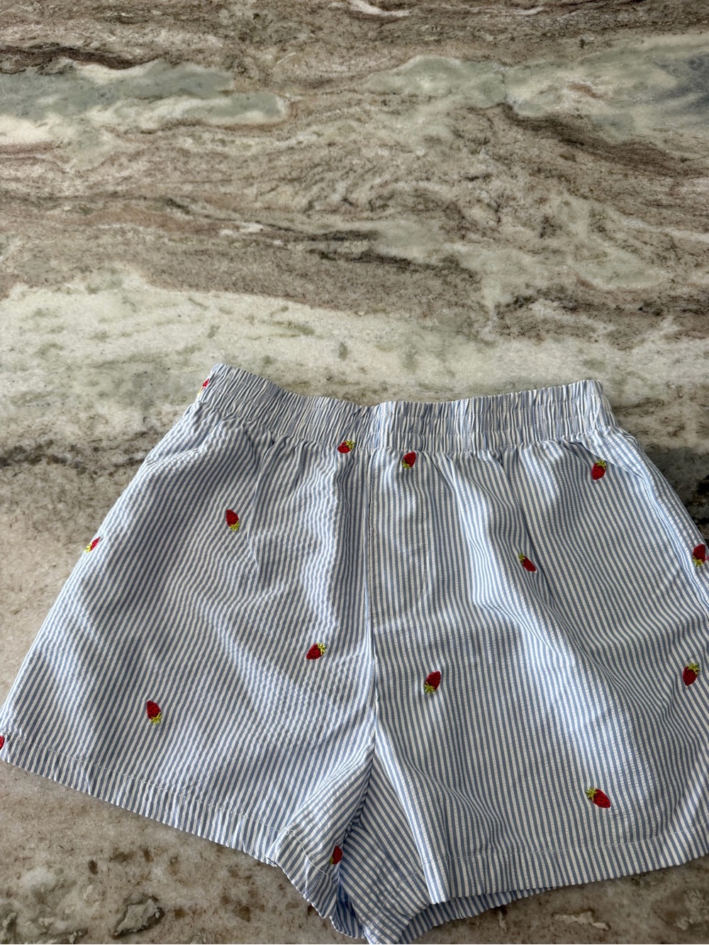 Striped Blue Girls Shorts with Red Strawberry Embroidery